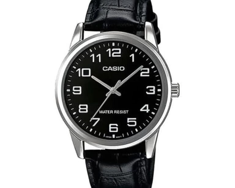 Classic Casio analog watch featuring black dial with Arabic numerals, water resistant design, and genuine black leather strap for everyday wear