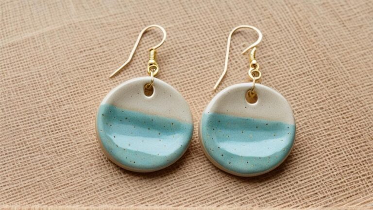 Blue and white gradient ceramic drop earrings with gold-plated hooks on textured fabric background