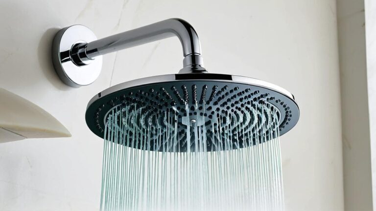 Modern chrome shower head with multiple water streams flowing, demonstrating the water pressure conditions that can affect watch water resistance during showering