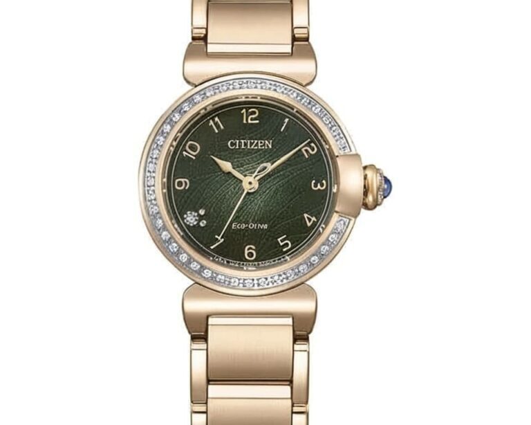 Elegant Citizen women's watch with rose gold case, green textured dial, diamond bezel accents, and Eco-Drive technology for sustainable timekeeping