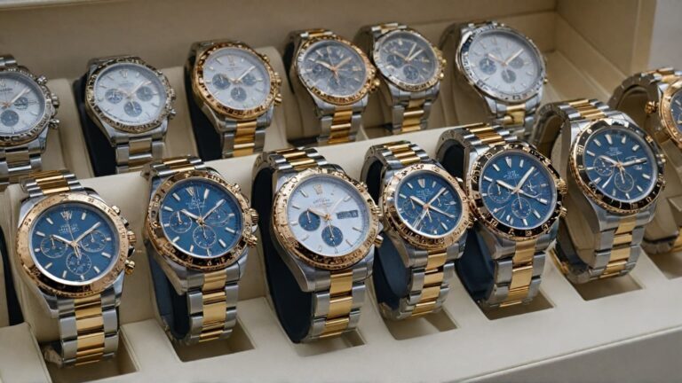 Entry-level luxury watches from premium brands arranged in white display case featuring chronograph models with blue and white dials