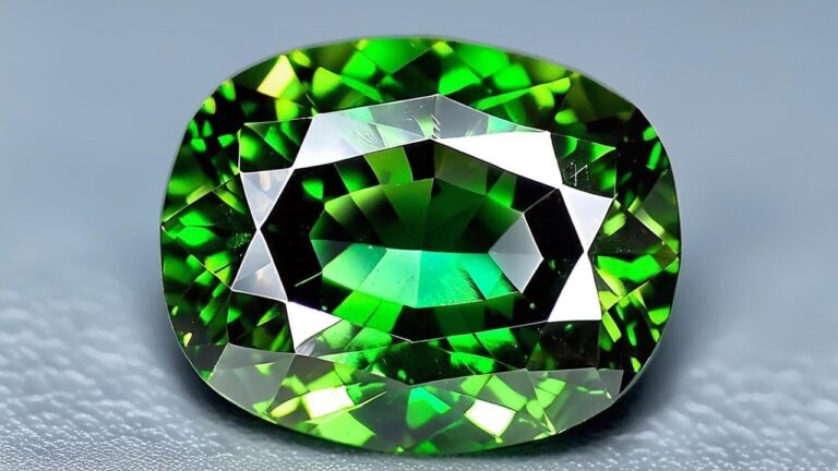 Faceted oval green demantoid garnet showing exceptional fire and dispersion with brilliant light reflections