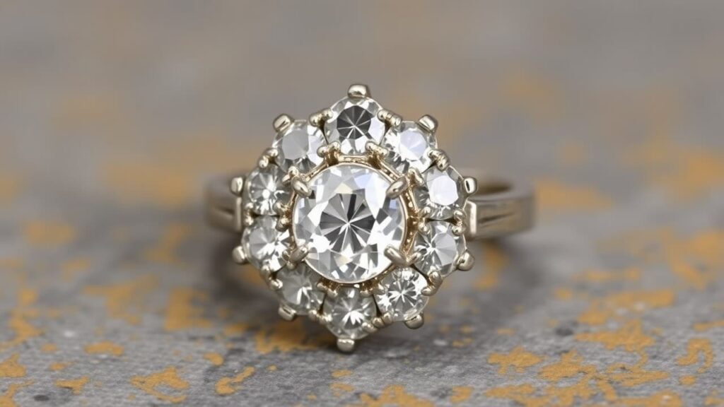 Georgian era diamond cluster engagement ring with old mine-cut center stone surrounded by rose-cut diamonds in handcrafted silver setting