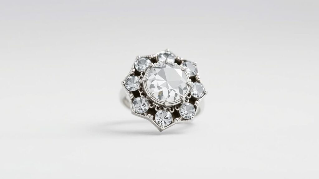 Antique Georgian diamond cluster ring featuring rose-cut diamonds in closed-back silver settings with foil backing, circa 1714-1837