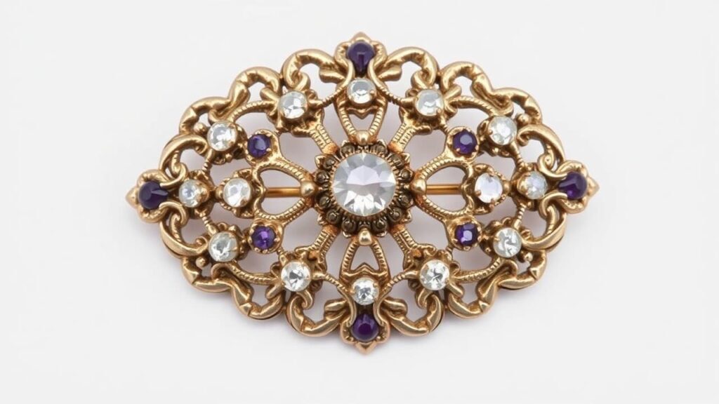 Georgian gold brooch with elaborate scrollwork featuring amethyst and diamond accents in typical 18th century repoussé metalwork style