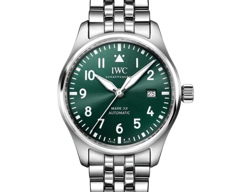 IWC pilot's watch with green dial showing aviation-inspired design and clear numerals for optimal readability