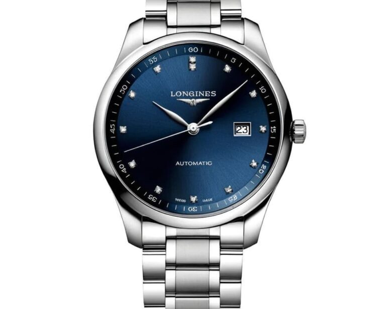 Longines stainless steel automatic watch with blue sunray dial and diamond hour markers on metal bracelet