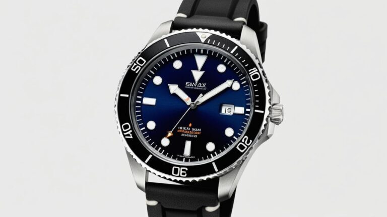 Premium dive watch featuring blue gradient dial, white luminous markers, black unidirectional timing bezel, stainless steel case, and black rubber diving strap