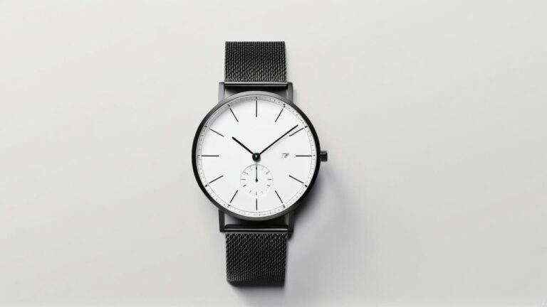 Modern Spanish watch featuring black mesh bracelet, clean white dial with subdial, representing accessible luxury watchmaking