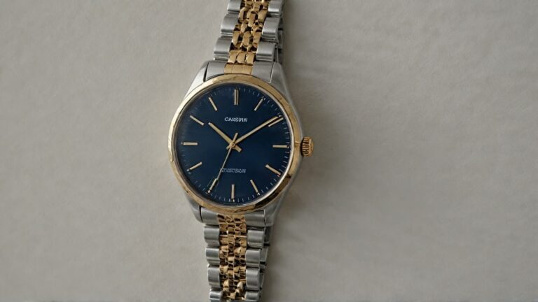 Two-tone stainless steel and gold watch with metal bracelet showing different watch case and band materials