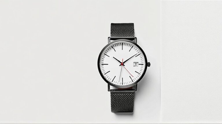 Watch anatomy diagram showing case, dial, hands, crown, date window, and mesh bracelet components