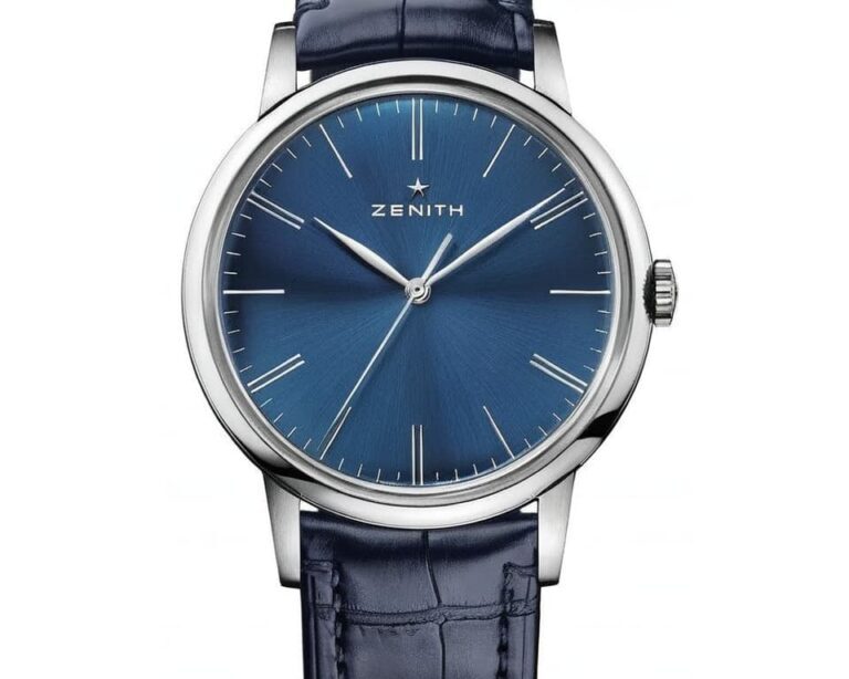 Zenith Elite collection dress watch featuring blue sunray dial with steel case and blue leather strap, representing Swiss luxury watchmaking excellence