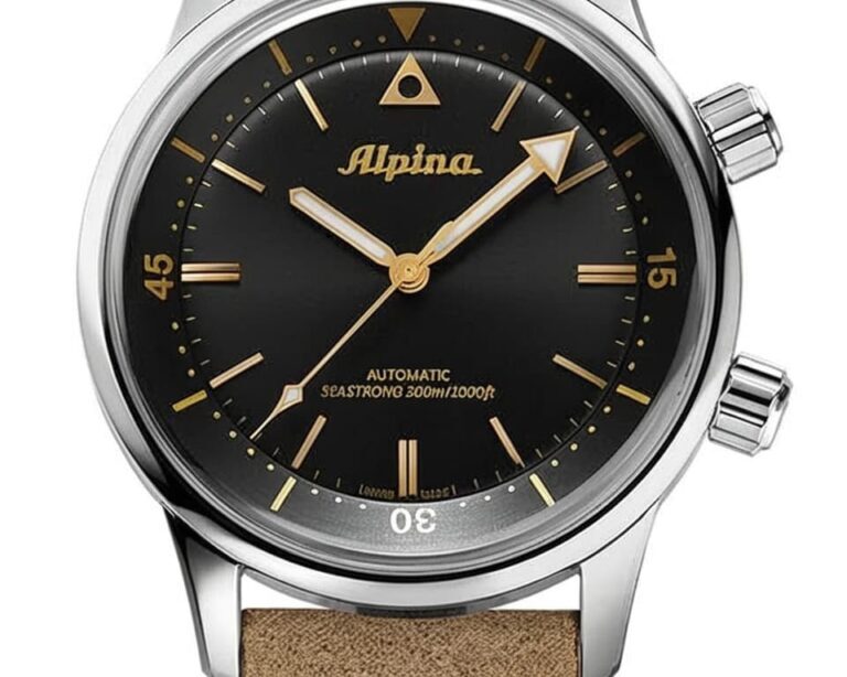Alpina Seastrong Diver automatic watch featuring black dial with gold accents, red triangle at 12 o'clock, 300m water resistance rating and tan suede leather strap