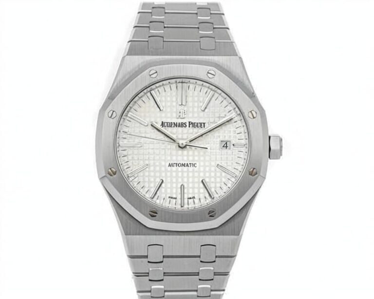 Audemars Piguet Royal Oak in stainless steel featuring classic white Grande Tapisserie dial, octagonal bezel with signature hexagonal screws, and integrated bracelet