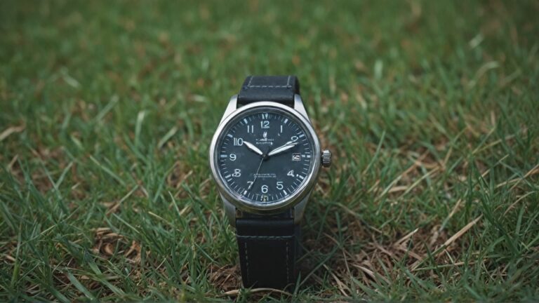 Classic field watch with black dial and leather strap on grass background showcasing traditional military timepiece styling