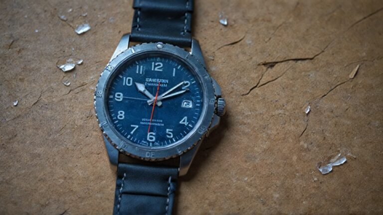 Damaged watch with cracked crystal on wooden surface showing physical impact that voids warranty coverage
