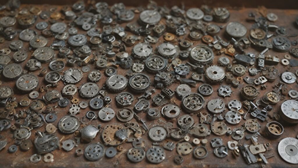 Scattered vintage watch parts and components used in Frankenwatch assembly, demonstrating the donor parts typical in hybrid timepiece creation