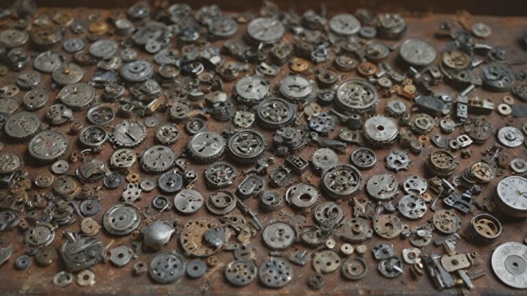 Scattered vintage watch parts and components used in Frankenwatch assembly, demonstrating the donor parts typical in hybrid timepiece creation