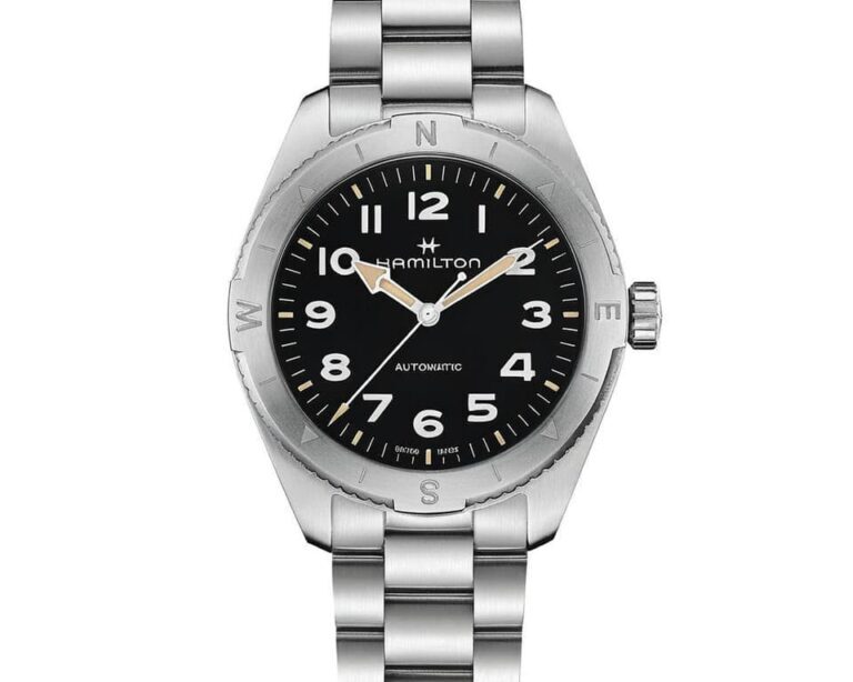 Hamilton Khaki Navy Scuba automatic watch with black dial, Arabic numerals, unidirectional rotating bezel, and stainless steel bracelet for diving