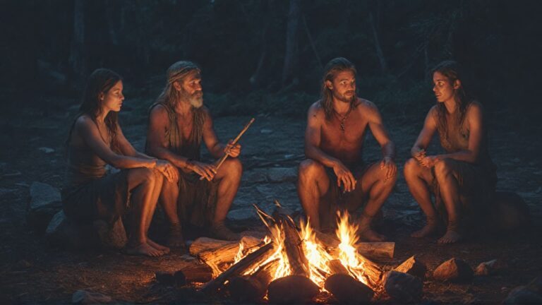 Prehistoric humans sitting around campfire wearing simple shell necklaces and primitive jewelry, representing early human adornment 150,000 years ago