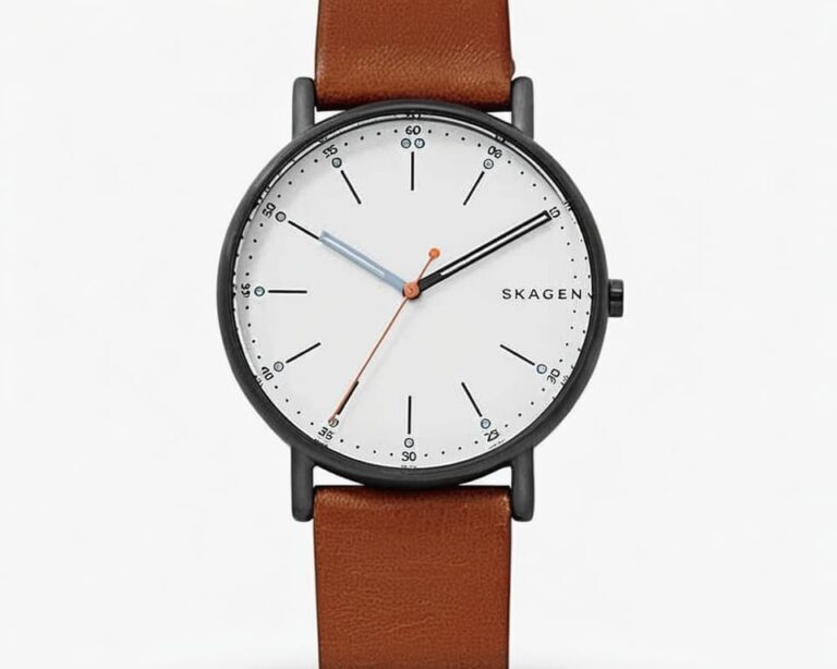 Skagen watch featuring black case, brown leather strap and minimalist white dial with precise minute markings and clean design