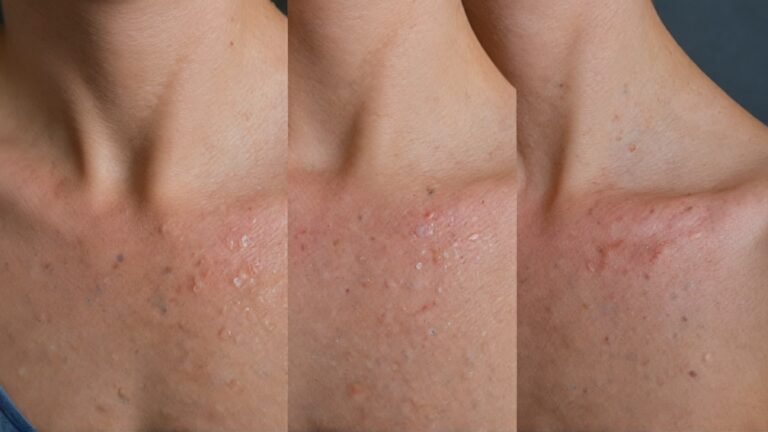 Close up of irritated red skin showing jewelry-related contact dermatitis reaction on neck area