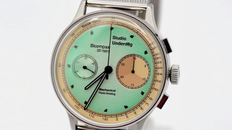 Studio Underd0g watermelon-inspired chronograph watch featuring distinctive green and tan dial with bicompax layout and manual winding movement