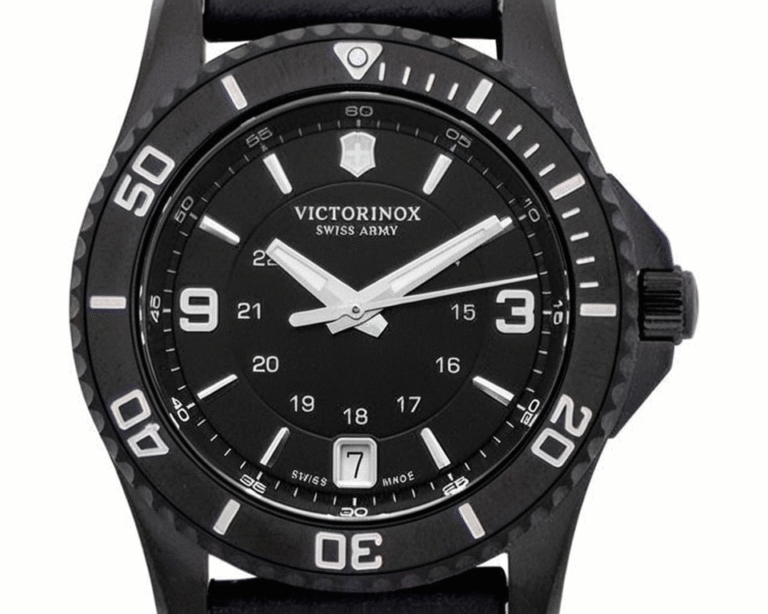 Victorinox Swiss Army watch featuring black case, black dial, diving bezel, and black leather strap in tactical styling