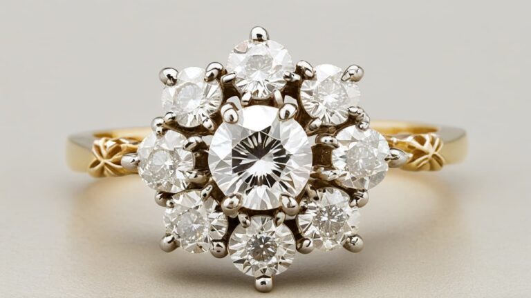 Vintage diamond cluster ring with starburst pattern showcasing mid-century modern jewelry design with radiating stones in geometric arrangement