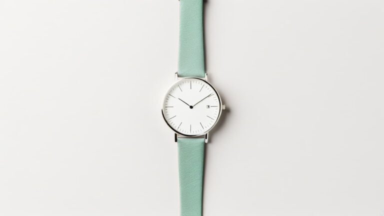 Manual-wind watch with thin profile and clean white dial on mint green leather strap showcasing elegant minimalist design
