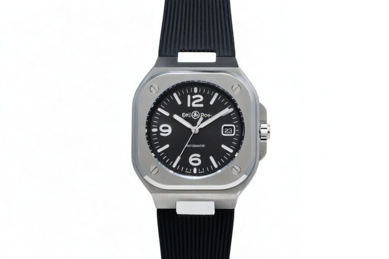 Bell & Ross square aviation watch featuring iconic four-screw case design with black dial and rubber strap
