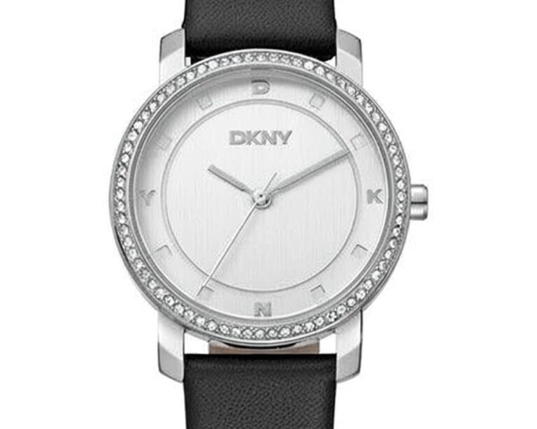 DKNY silver-tone watch featuring white mother-of-pearl dial with crystal-set bezel and black leather strap