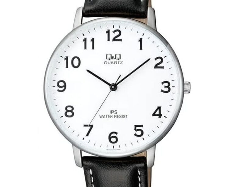 Q&Q classic dress watch with white dial and black leather strap showing clean minimalist design and affordable quartz movement technology