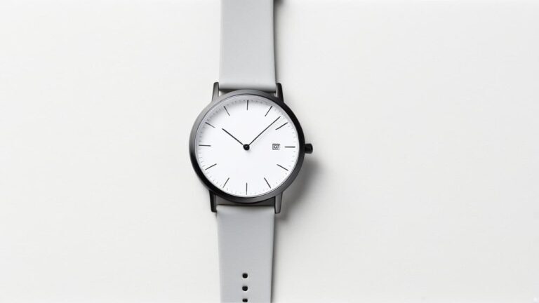Automatic watch with white leather strap and clean minimalist dial showing classic timekeeping design