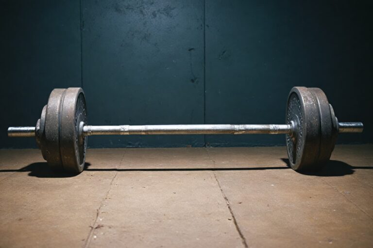 Barbell with weight plates on gym floor showing equipment that can catch rings during weightlifting