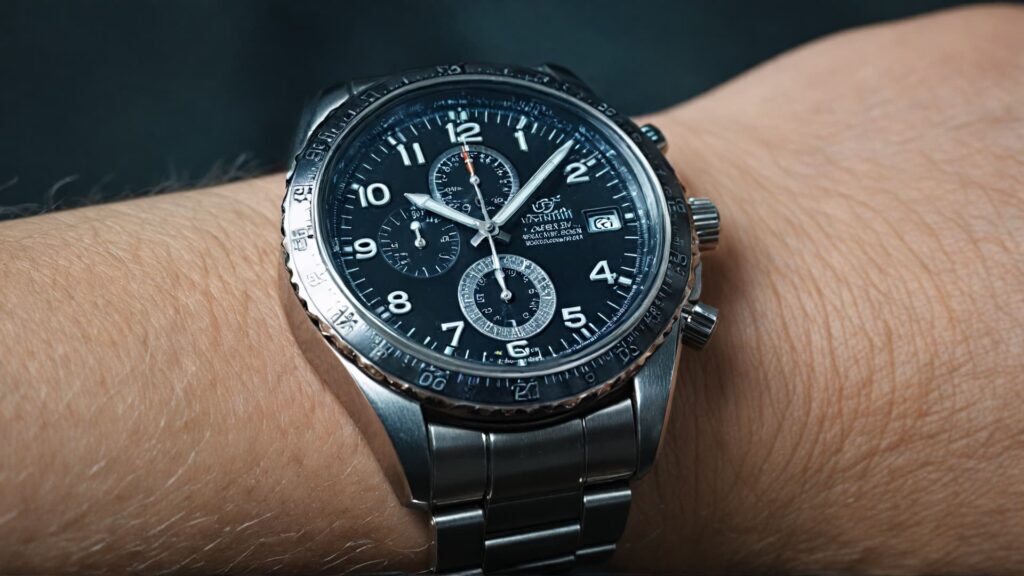 Chronograph watch with black dial and three subdials worn on wrist, showing classic chronograph layout with pushers and tachymeter bezel on steel bracelet