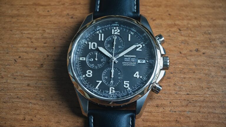 Chronograph watch with black dial, three subdials, and black leather strap on wooden surface, displaying classic chronograph features and Arabic numerals
