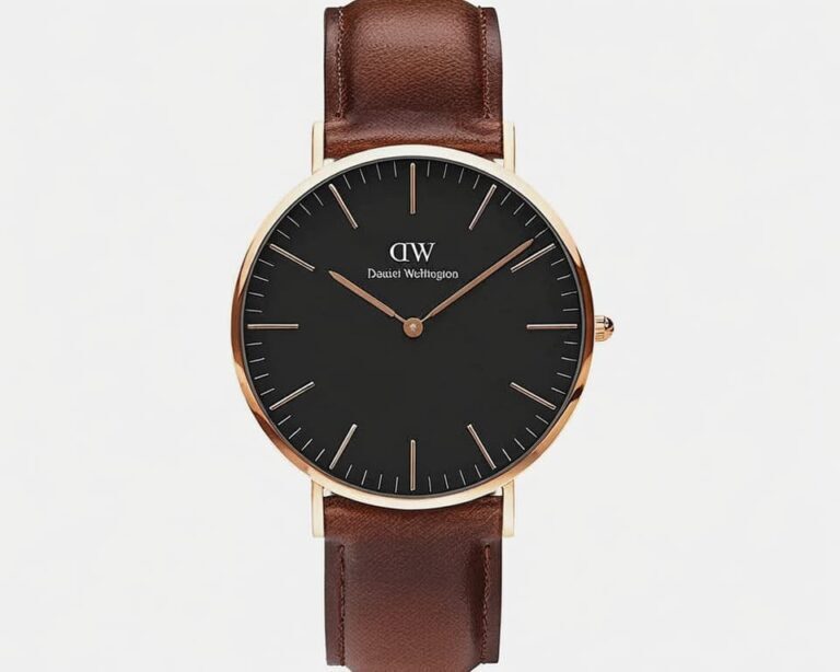 Daniel Wellington Classic Durham watch with black dial, rose gold case, and brown leather strap showing the brand's elegant minimalist design
