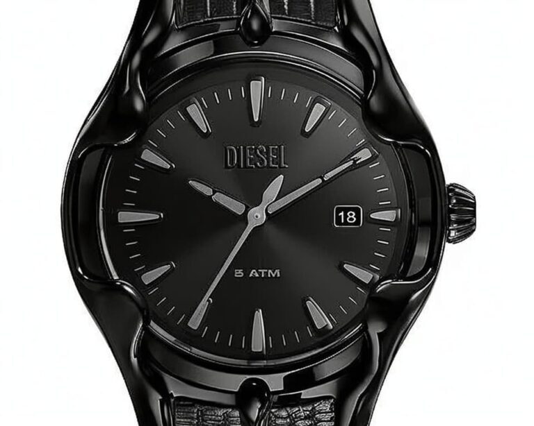Diesel black ion-plated watch with leather strap featuring date display and 5 ATM water resistance
