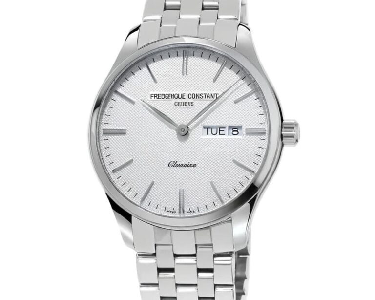 Frederique Constant Classics Automatic watch with silver textured dial, day-date display, applied hour markers and stainless steel bracelet