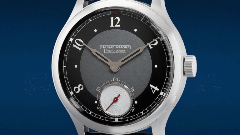 Hajime Asaoka independent watch with black dial and subsidiary seconds display showcasing Japanese watchmaking craftsmanship