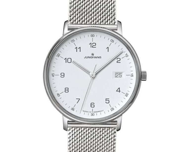 Junghans Form A Automatic watch with clean white dial, date window, and stainless steel mesh bracelet displaying modern German design