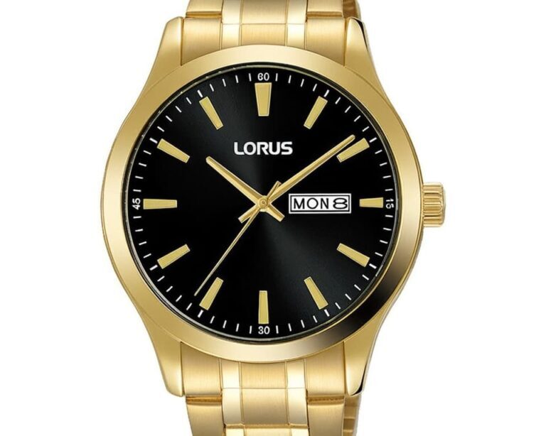 Lorus automatic watch with gold-tone case and bracelet, black dial, day-date display and luminous gold hour markers