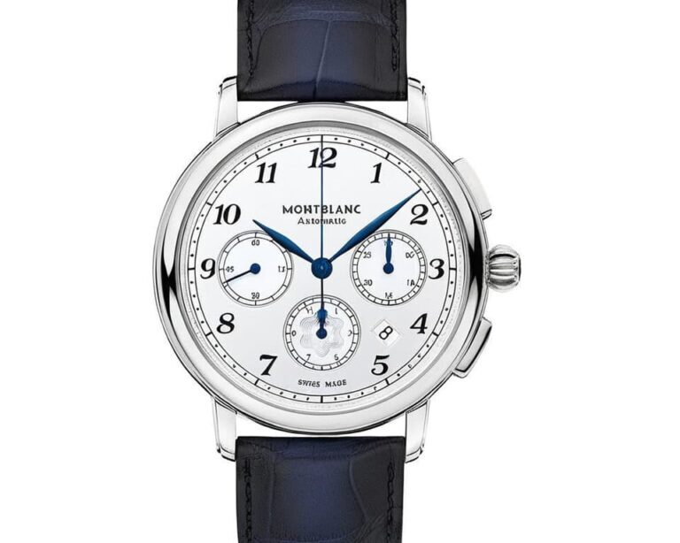 Montblanc Star Legacy chronograph watch featuring white dial, blue hands, three subdials, and navy blue leather strap