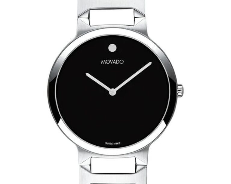 Movado Museum watch with signature black dial and single dot at 12 o'clock, featuring stainless steel case and bracelet with Swiss Made marking