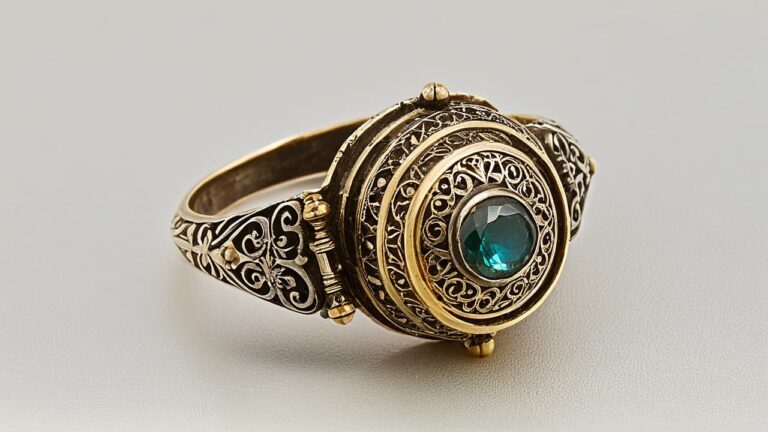 Antique poison ring with secret compartment opened revealing hidden storage space and blue gemstone center