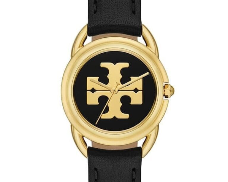 Tory Burch watch with black leather strap and gold-tone case featuring prominent Double-T logo on black dial