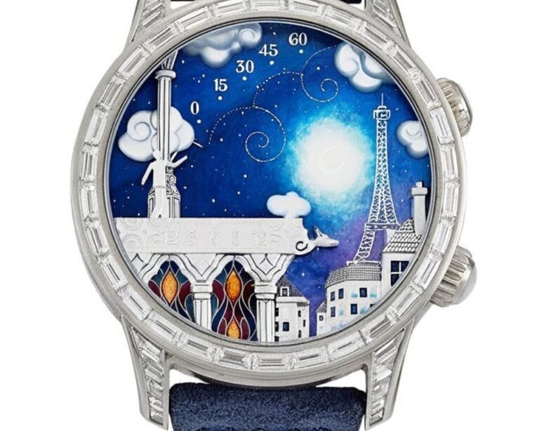 Van Cleef & Arpels Poetic Complications watch featuring Paris cityscape with Eiffel Tower, blue starry sky dial, and diamond-set white gold case