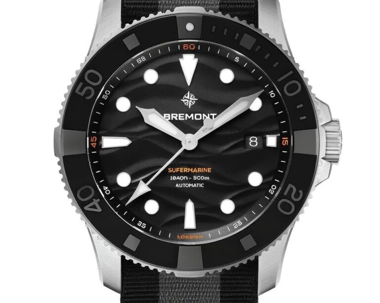 Bremont Supermarine dive watch with black dial, steel case, unidirectional rotating bezel, and NATO strap showing 300m water resistance and automatic movement