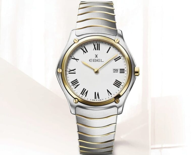 Ebel Sport Classic watch with iconic wave bracelet in two-tone steel and gold construction featuring Roman numeral dial